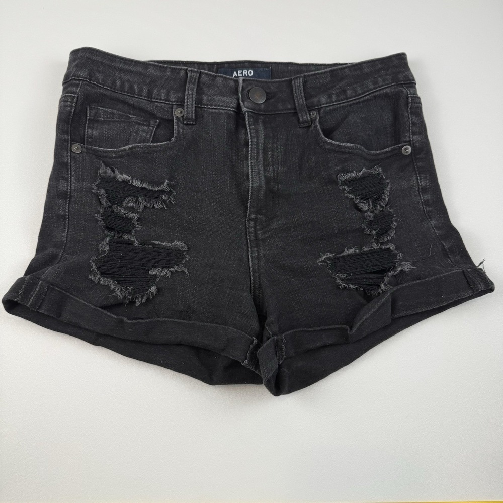 Aeropostale Aero Womens High Rise Midi Distressed Denim Shorts Black Size 10